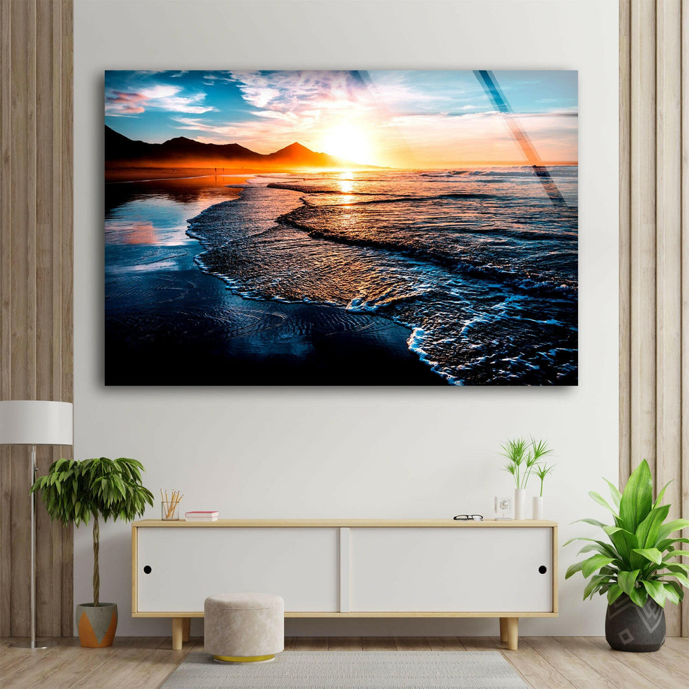 Beach at Sunset & Waves Glass Wall Art glass art painting, glass art for the Wall