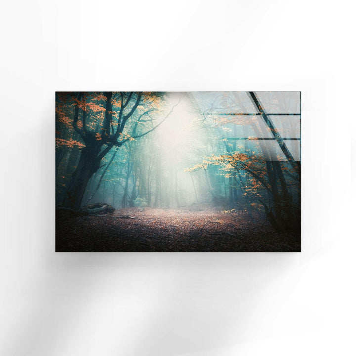 Mystical Forest In Blue Fog Glass Wall Art glass art painting, glass art for the Wall