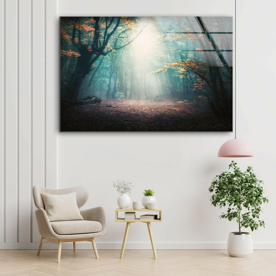 Mystical Forest In Blue Fog Glass Wall Art print on glass, glass printed photos