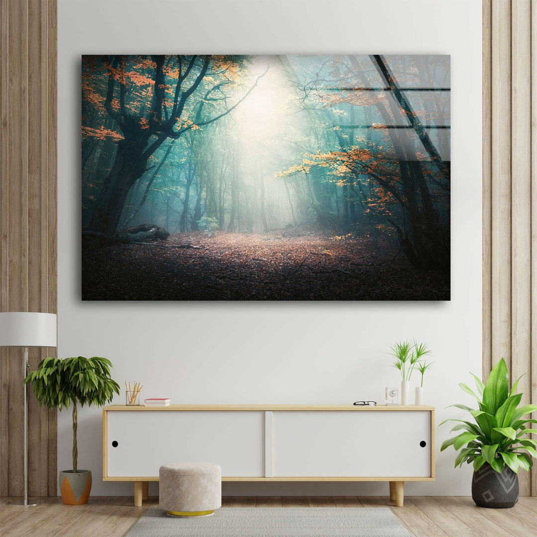 Mystical Forest In Blue Fog Glass Wall Art print picture on glass, Tempered Glass Wall Art