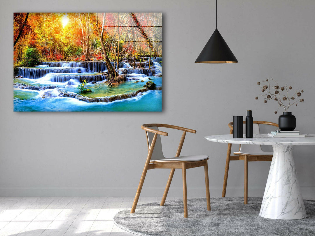 Waterfall in Autumn Forest Glass Wall Art