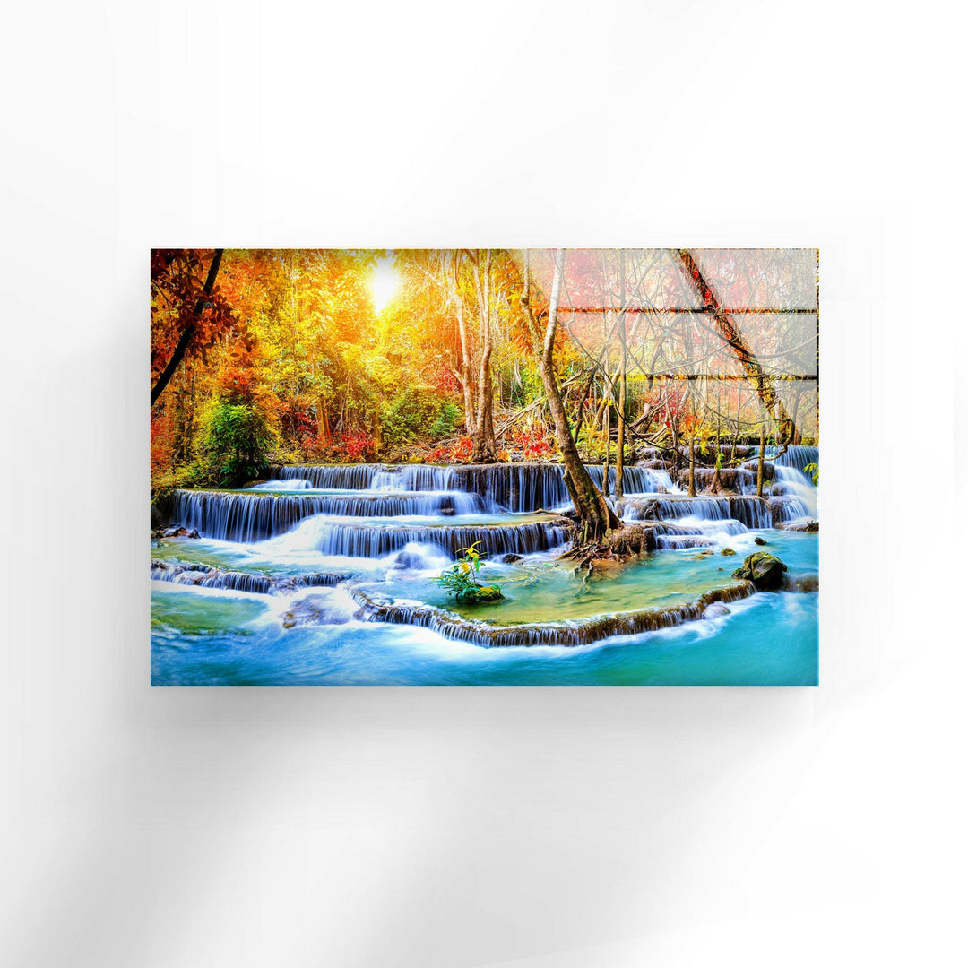 Waterfall in Autumn Forest Glass Wall Art