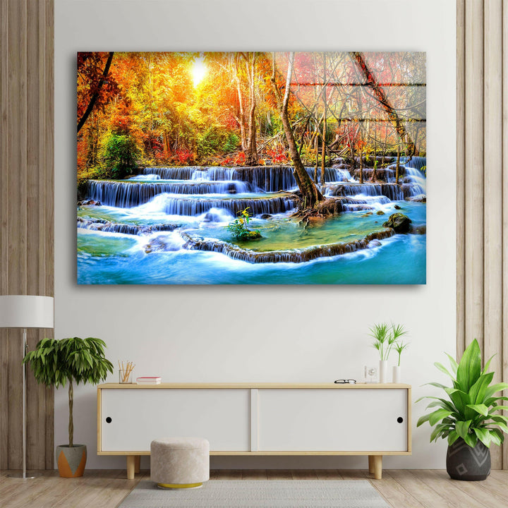 Waterfall in Autumn Forest Glass Wall Art