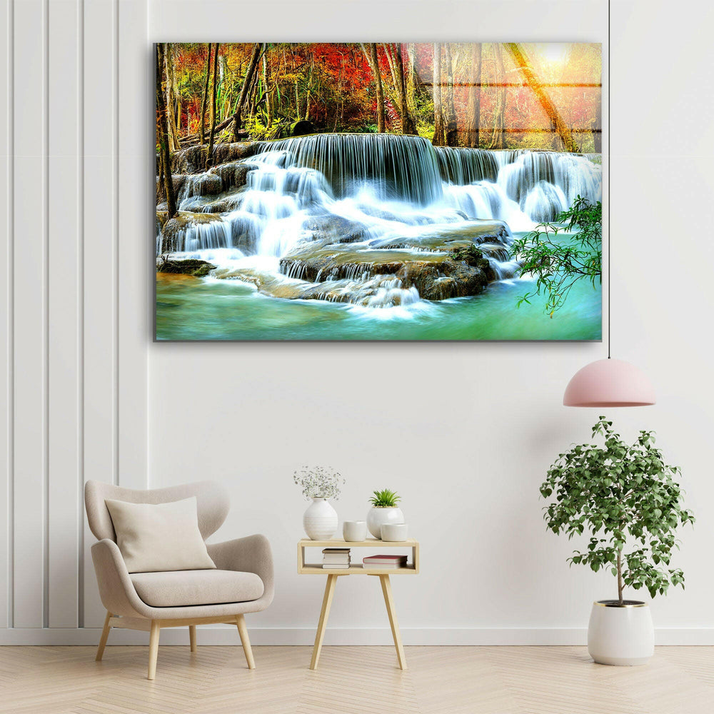 Waterfall in Deep Forest Glass Wall Art glass art painting, glass art for the Wall