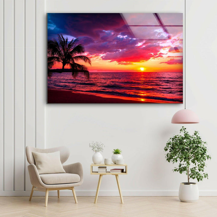 Sunset Red Landscape Glass Wall Art custom glass pictures, glass art prints