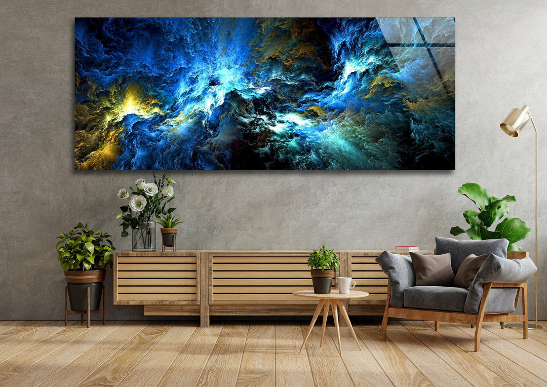 Blue, Black Cloud Abstract Glass Wall Art, glass art painting, glass art for the Wall