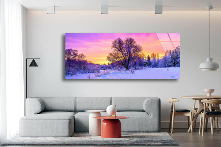 Snowy Forest Sunset Landscape Glass Wall Art, picture on glass wall art, photos printed on glass