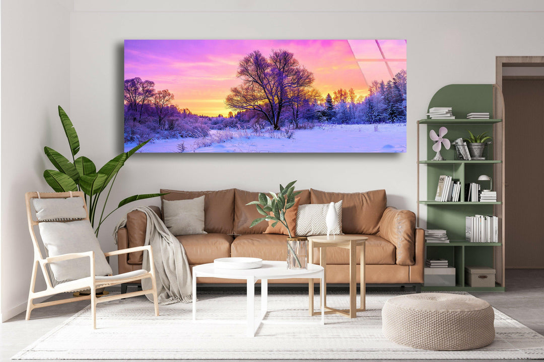 Snowy Forest Sunset Landscape Glass Wall Art, print on glass, glass printed photos