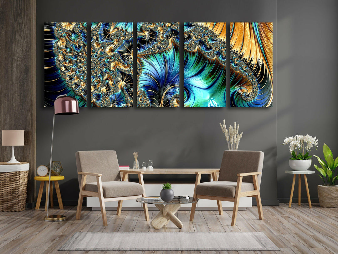 Golden Fractal Panoramic Glass Wall Art print picture on glass, Tempered Glass Wall Art