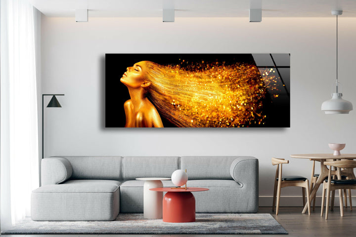 Woman With Golden Glitter Glass Wall Art, photo print on glass, prints on glass wall art