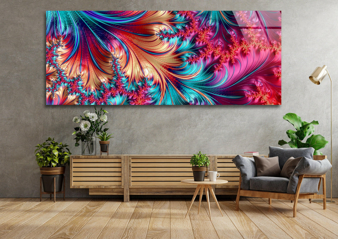 Colored Leafy Fractal Abstract Glass Wall Art, print on glass, glass printed photos