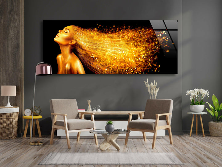 Woman With Golden Glitter Glass Wall Art, glass image printing, glass prints from photos