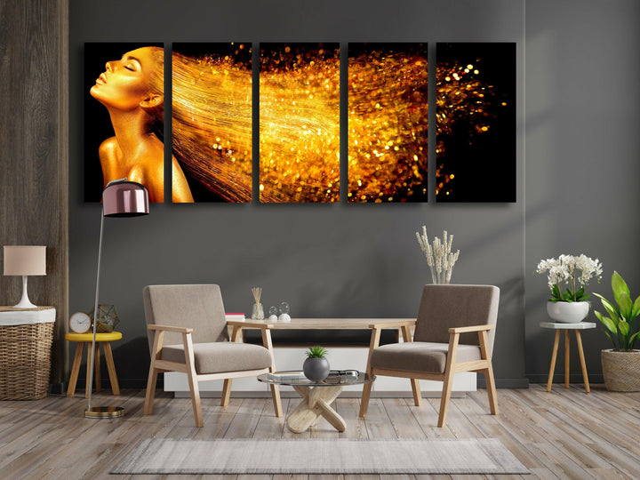 Woman With Golden Glitter Glass Wall Art, large glass photo prints, glass wall photos