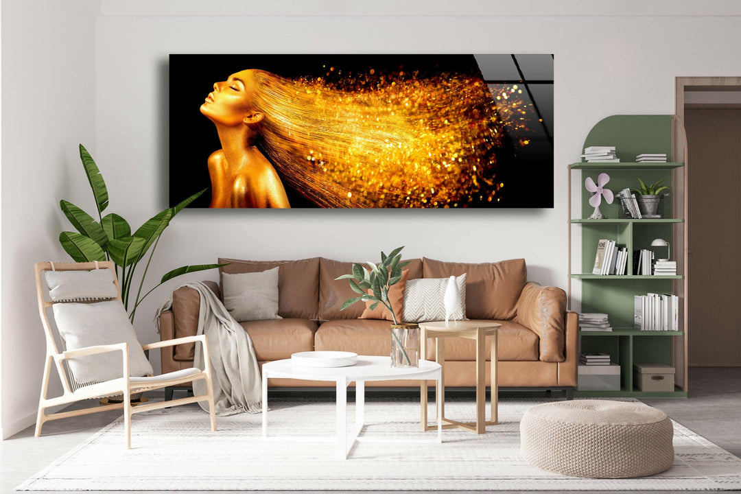 Woman With Golden Glitter Glass Wall Art, custom glass pictures, glass art prints