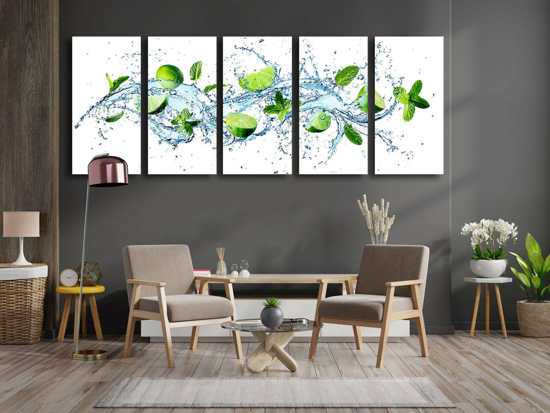 Limes and Water Splash Kitchen Glass Wall Art, print picture on glass, Tempered Glass Wall Art