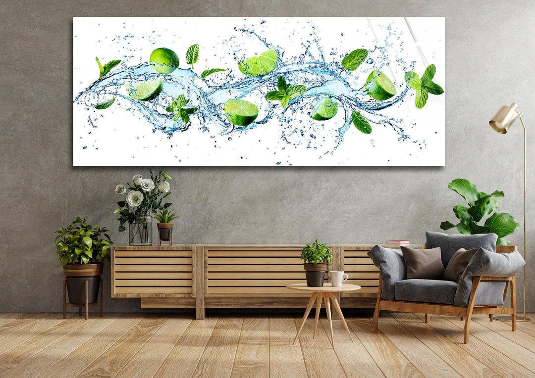 Limes and Water Splash Kitchen Glass Wall Art, art glass wall art, glass wall art pictures