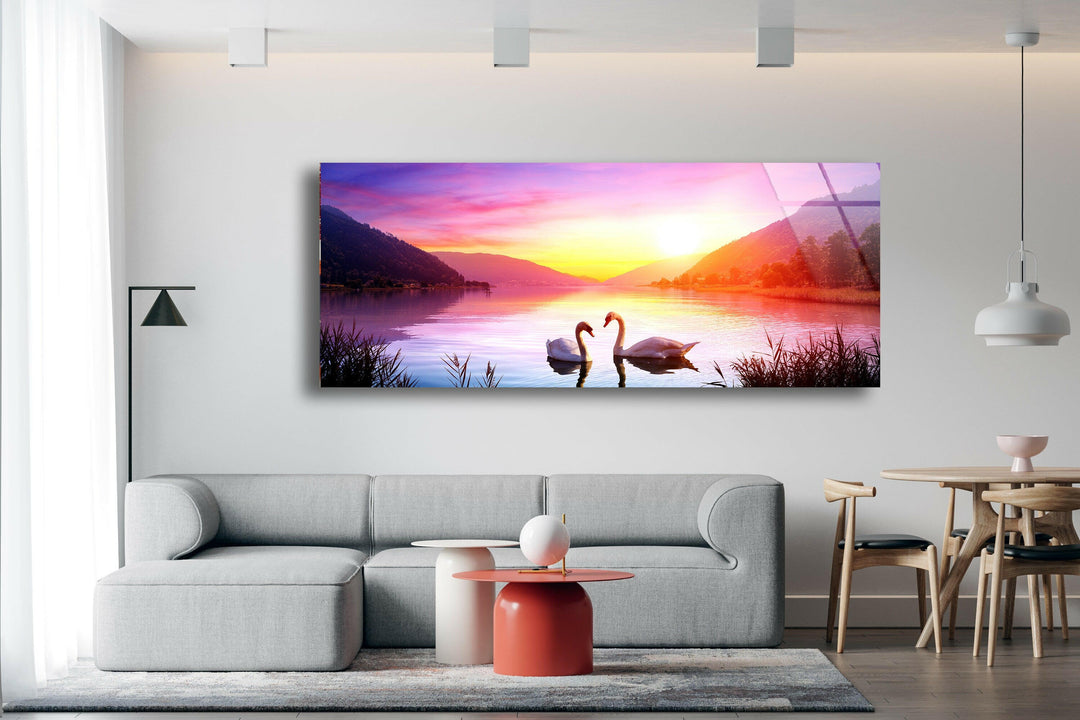 Swans Over Lake At Sunset Landscape Glass Wall Art, glass pictures for Wall, glass prints wall art