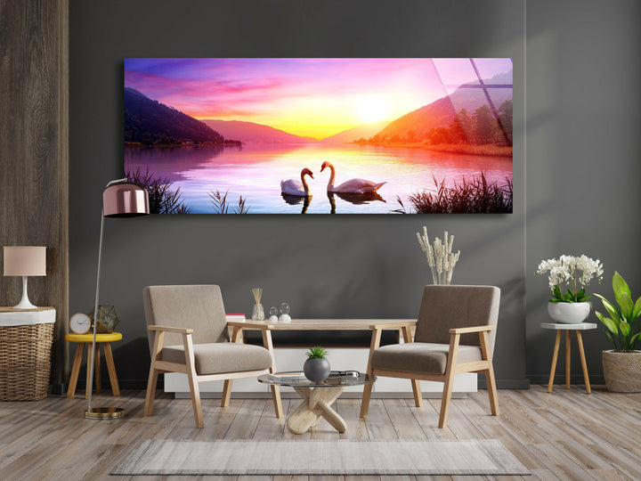 Swans Over Lake At Sunset Landscape Glass Wall Art, glass image printing, glass prints from photos