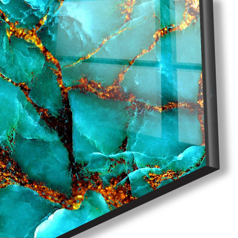 Turquoise Gold Marble Glass Wall Art, custom glass photo prints, large glass prints