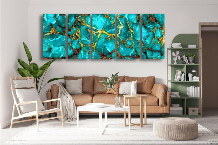 Turquoise Gold Marble Glass Wall Art, glass pictures for Wall, glass prints wall art