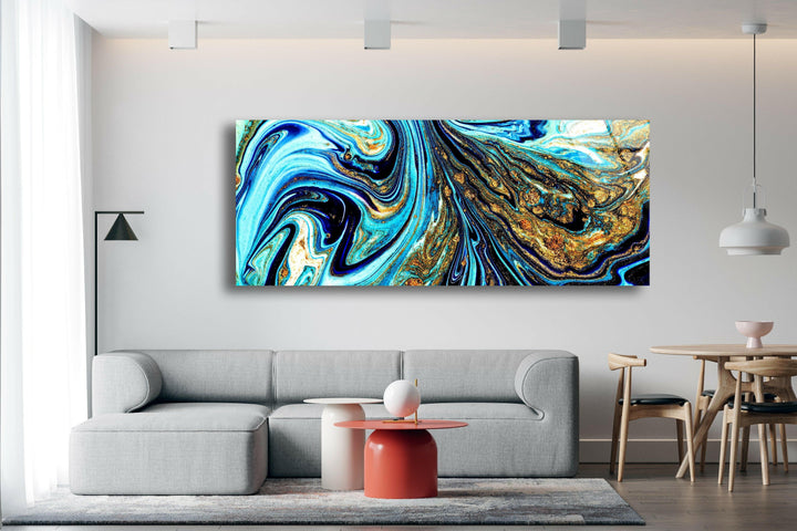 Blue&Gold Marbling Abstract Glass Wall Art, print picture on glass, Tempered Glass Wall Art