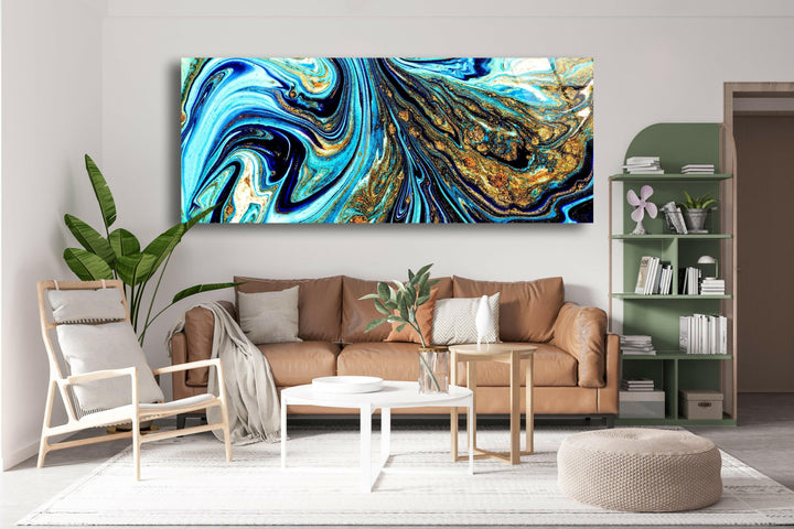 Blue&Gold Marbling Abstract Glass Wall Art, glass wall decor, glass wall art decor