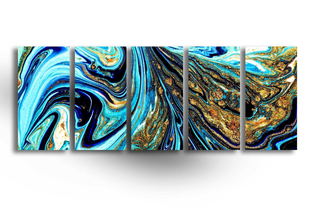 Blue&Gold Marbling Abstract Glass Wall Art, glass art painting, glass art for the Wall