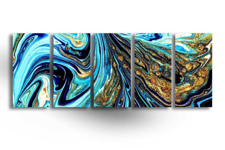 Blue&Gold Marbling Abstract Glass Wall Art, glass art painting, glass art for the Wall