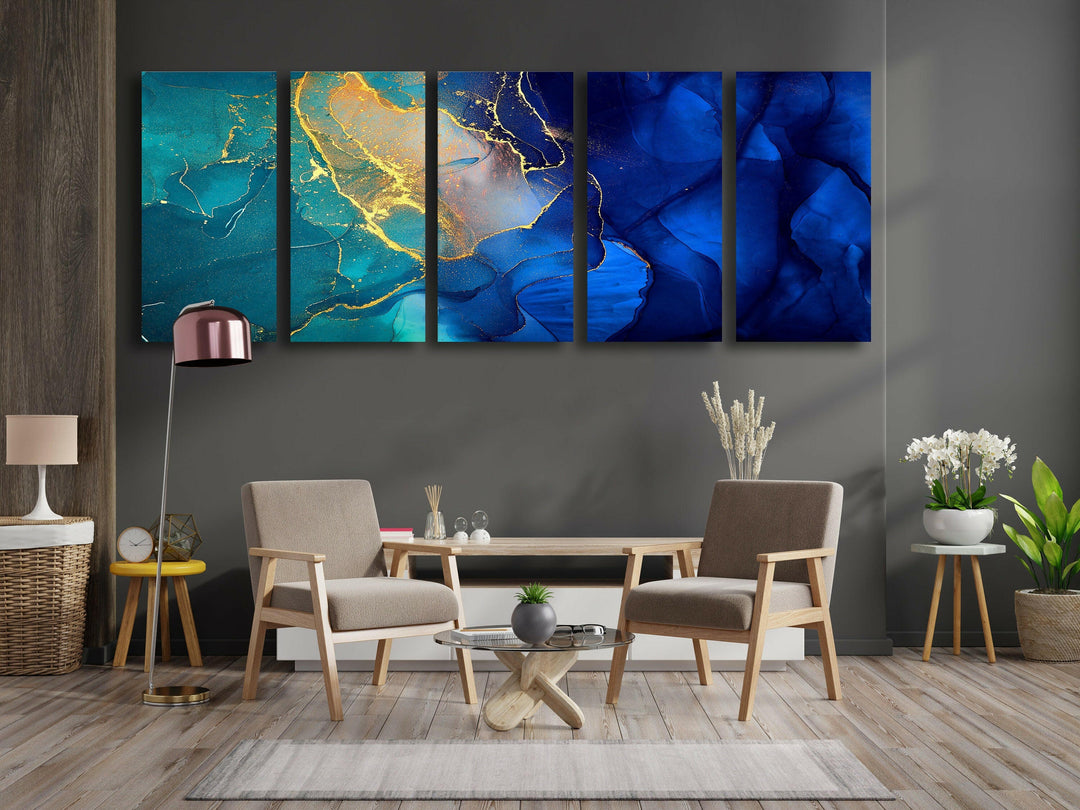 Blue & Gold Marble Abstract Glass Wall Art, glass photo prints, glass picture prints