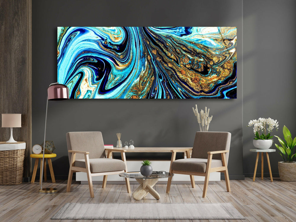 Blue&Gold Marbling Abstract Glass Wall Art, custom glass photo prints, large glass prints