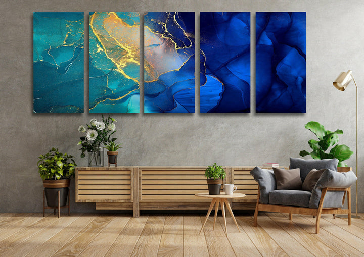 Blue & Gold Marble Abstract Glass Wall Art, glass image printing, glass prints from photos