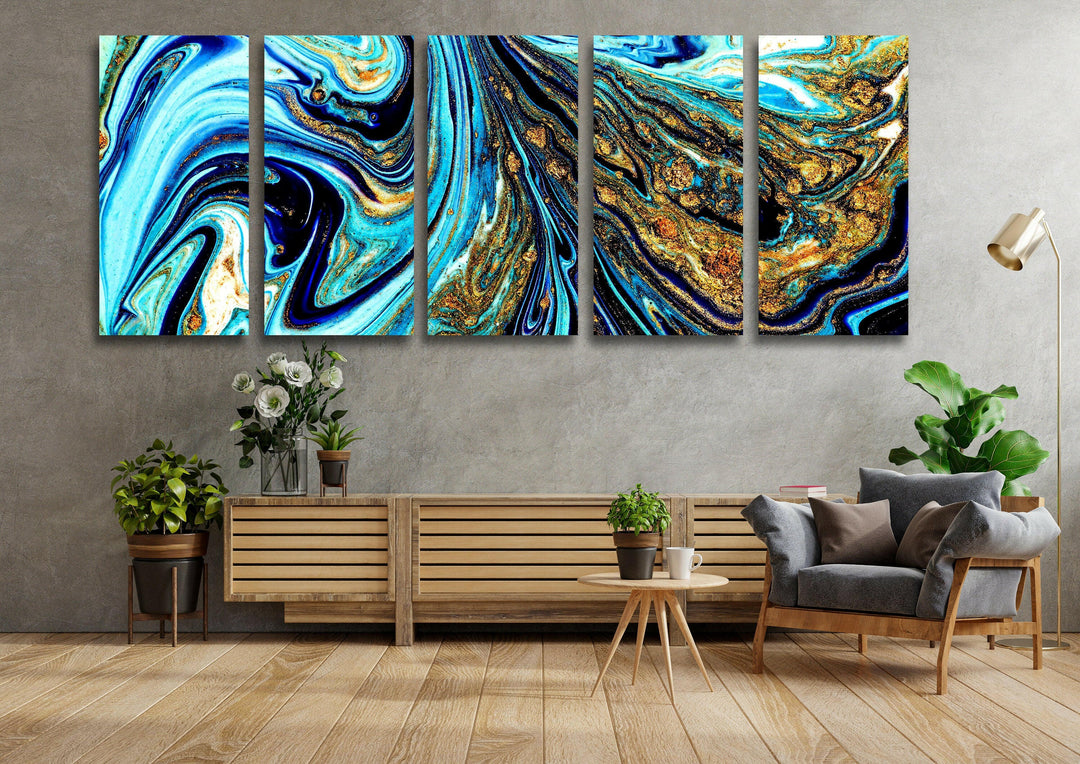 Blue&Gold Marbling Abstract Glass Wall Art, print on glass, glass printed photos