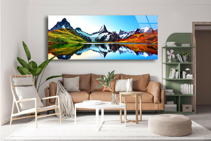 Lake Bachalpsee & Mountain Landscape Glass Wall Art, glass art painting, glass art for the Wall