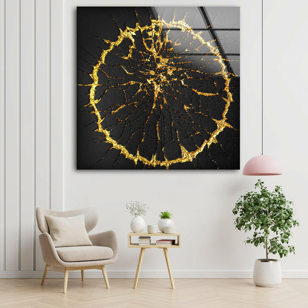 Golden Cracks Abstract Glass Wall Art