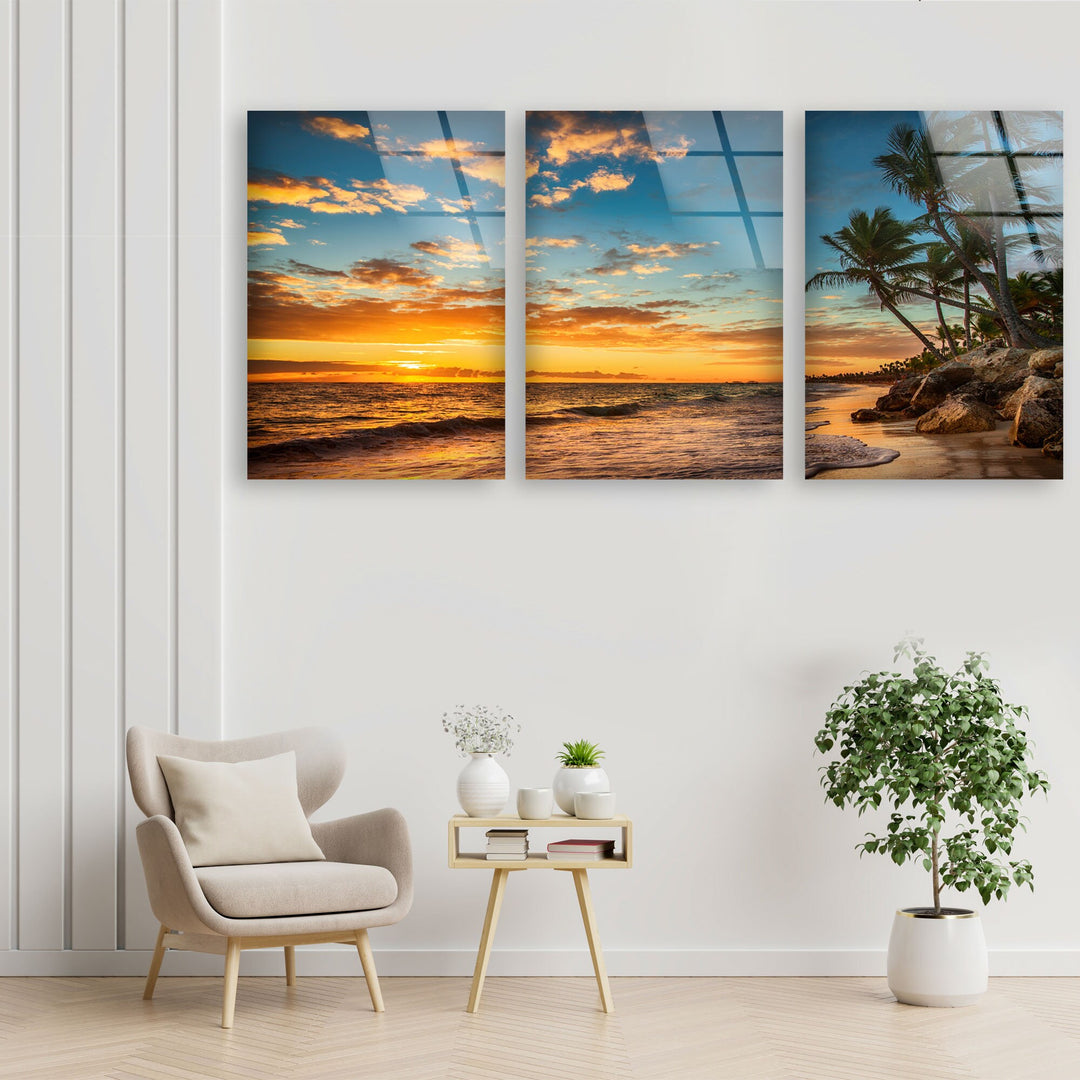 Tropical Island Beach Sunrise Landscape Glass Wall Art, photo print on glass, prints on glass wall art