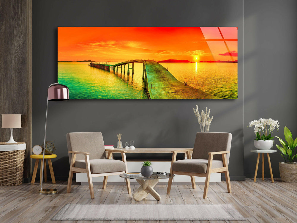 Pier and Sunset Seascape Glass Wall Art, glass photo prints, glass picture prints