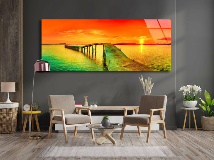 Pier and Sunset Seascape Glass Wall Art, glass photo prints, glass picture prints