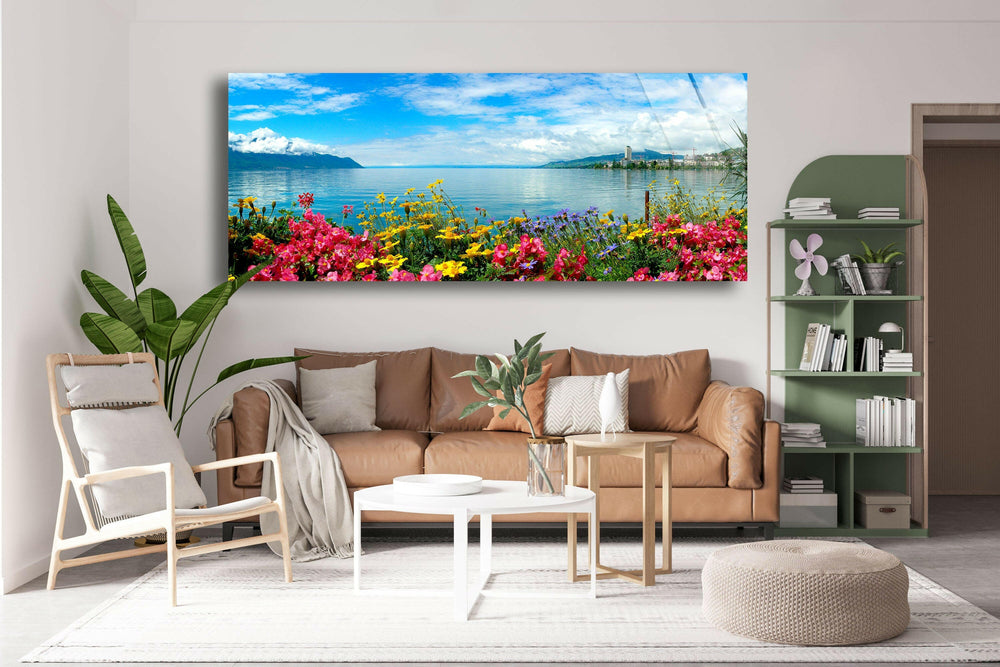 Floral Lake Landscape Glass Wall Art, glass photo prints, glass picture prints