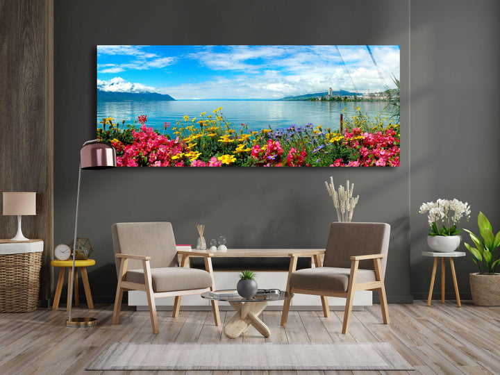 Floral Lake Landscape Glass Wall Art, photo print on glass, prints on glass wall art