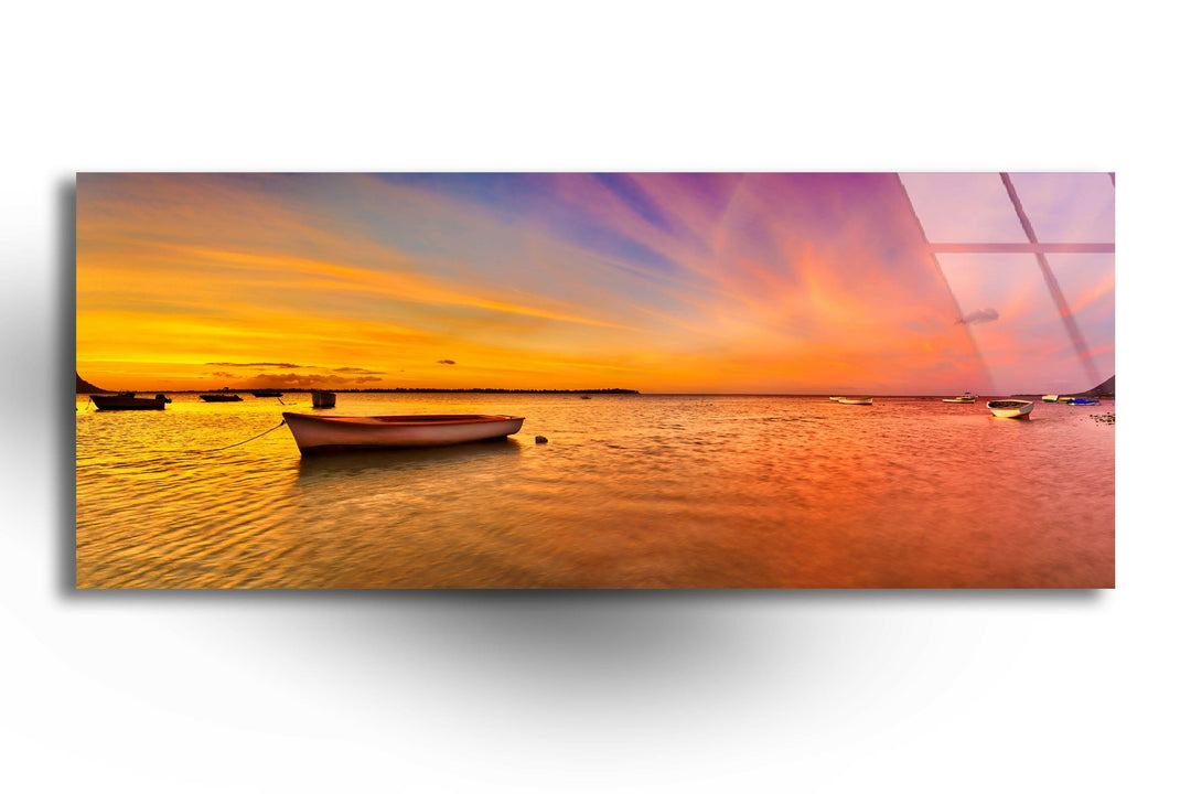 Fishing Boat At Sunset&Sea Glass Wall Art, photo print on glass, prints on glass wall art