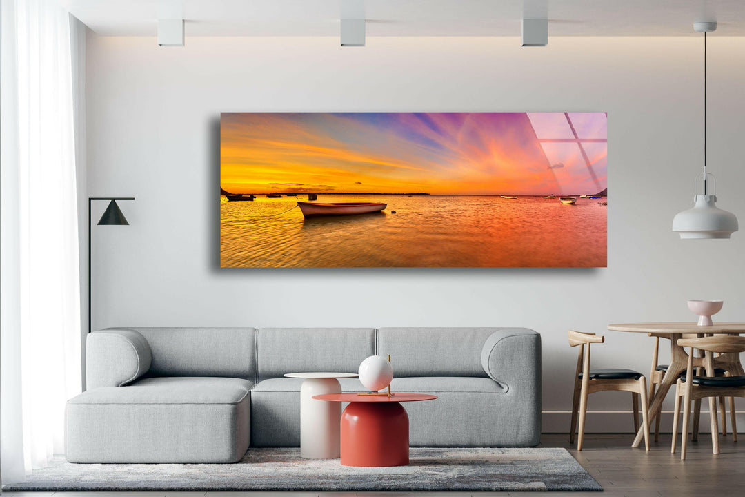 Fishing Boat At Sunset&Sea Glass Wall Art, custom glass photo prints, large glass prints