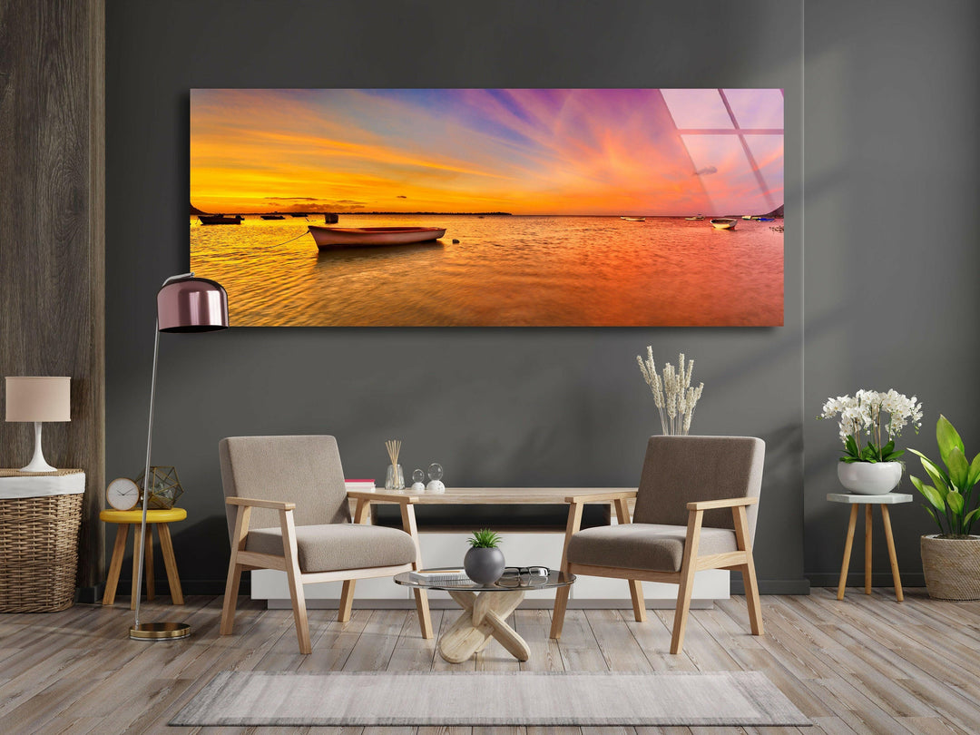 Fishing Boat At Sunset&Sea Glass Wall Art, glass pictures for Wall, glass prints wall art