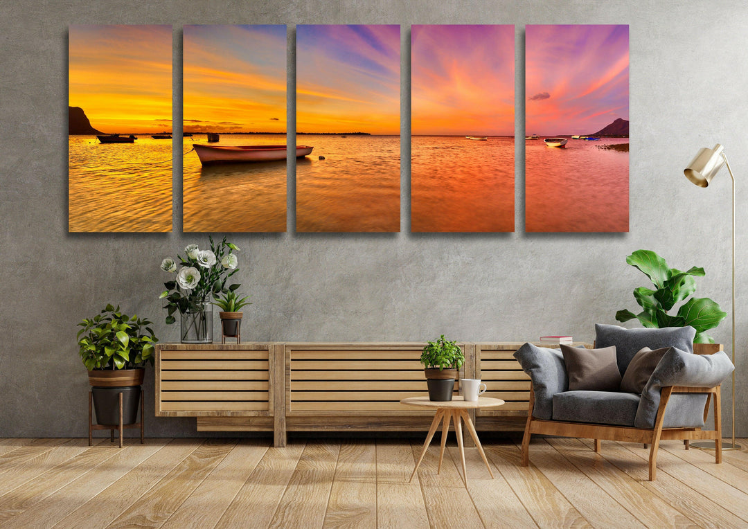 Fishing Boat At Sunset&Sea Glass Wall Art, custom glass pictures, glass art prints