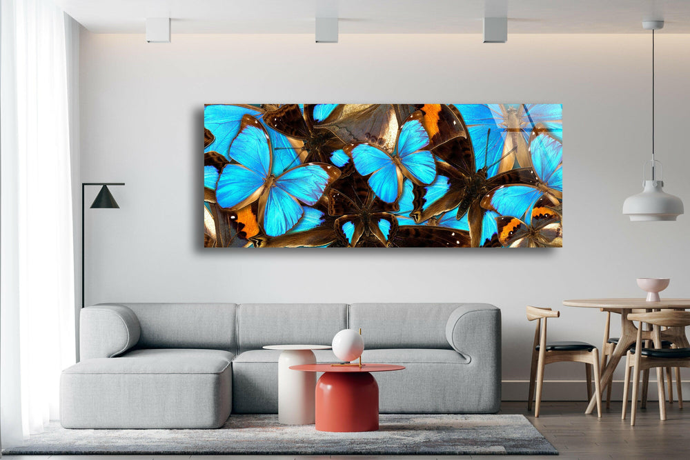 Blue Butterflies Glass Wall Art, glass art painting, glass art for the Wall