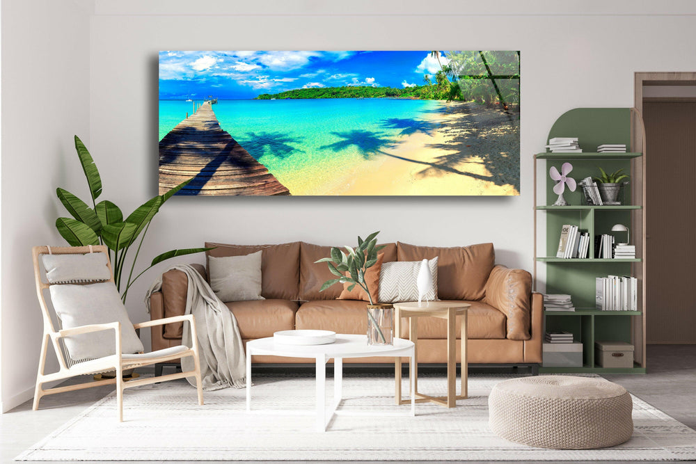 Tropical Beach and Dock Glass Wall Art, print on glass, glass printed photos