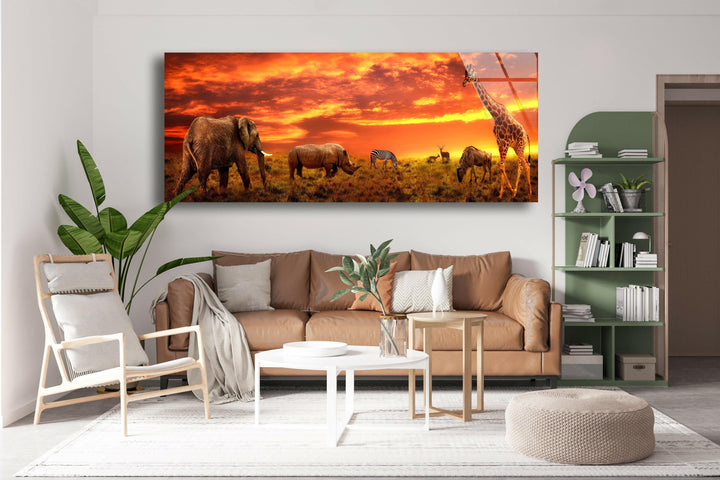 Elephants & Giraffe At Savanna Glass Wall Art, photo print on glass, prints on glass wall art