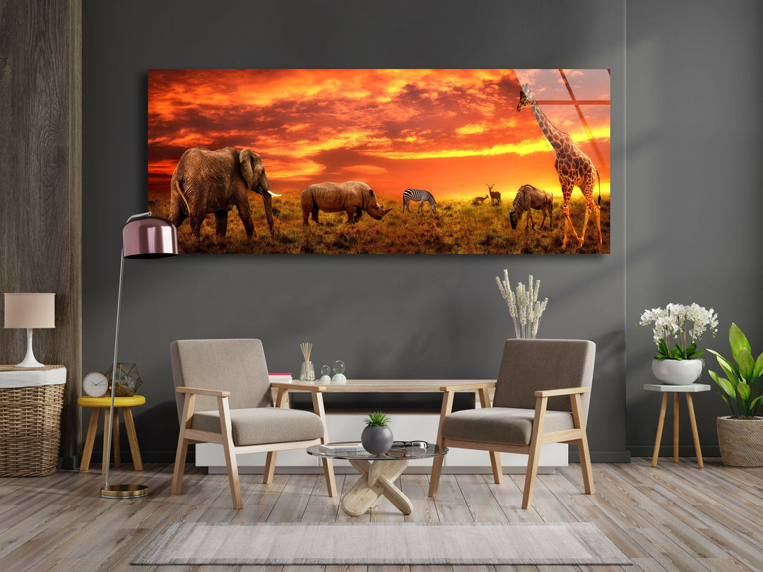 Elephants & Giraffe At Savanna Glass Wall Art, glass pictures for Wall, glass prints wall art