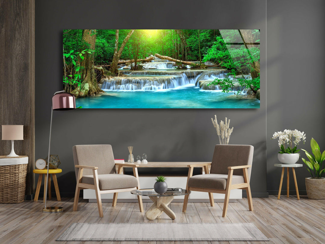 Waterfall In Tropical Forest Glass Wall Art, print picture on glass, Tempered Glass Wall Art