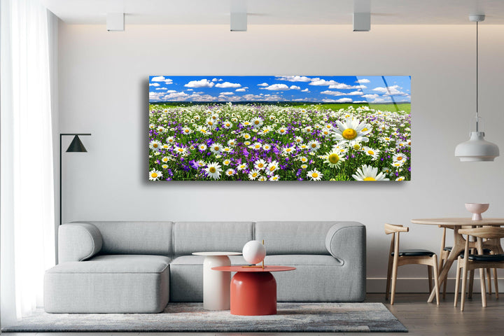 Spring Landscape, Blooming Daisy Glass Wall Art, large glass photo prints, glass wall photos