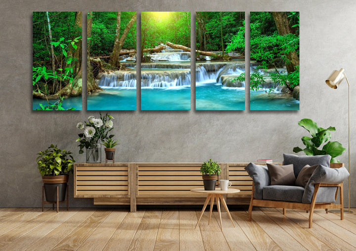 Waterfall In Tropical Forest Glass Wall Art, print on glass, glass printed photos